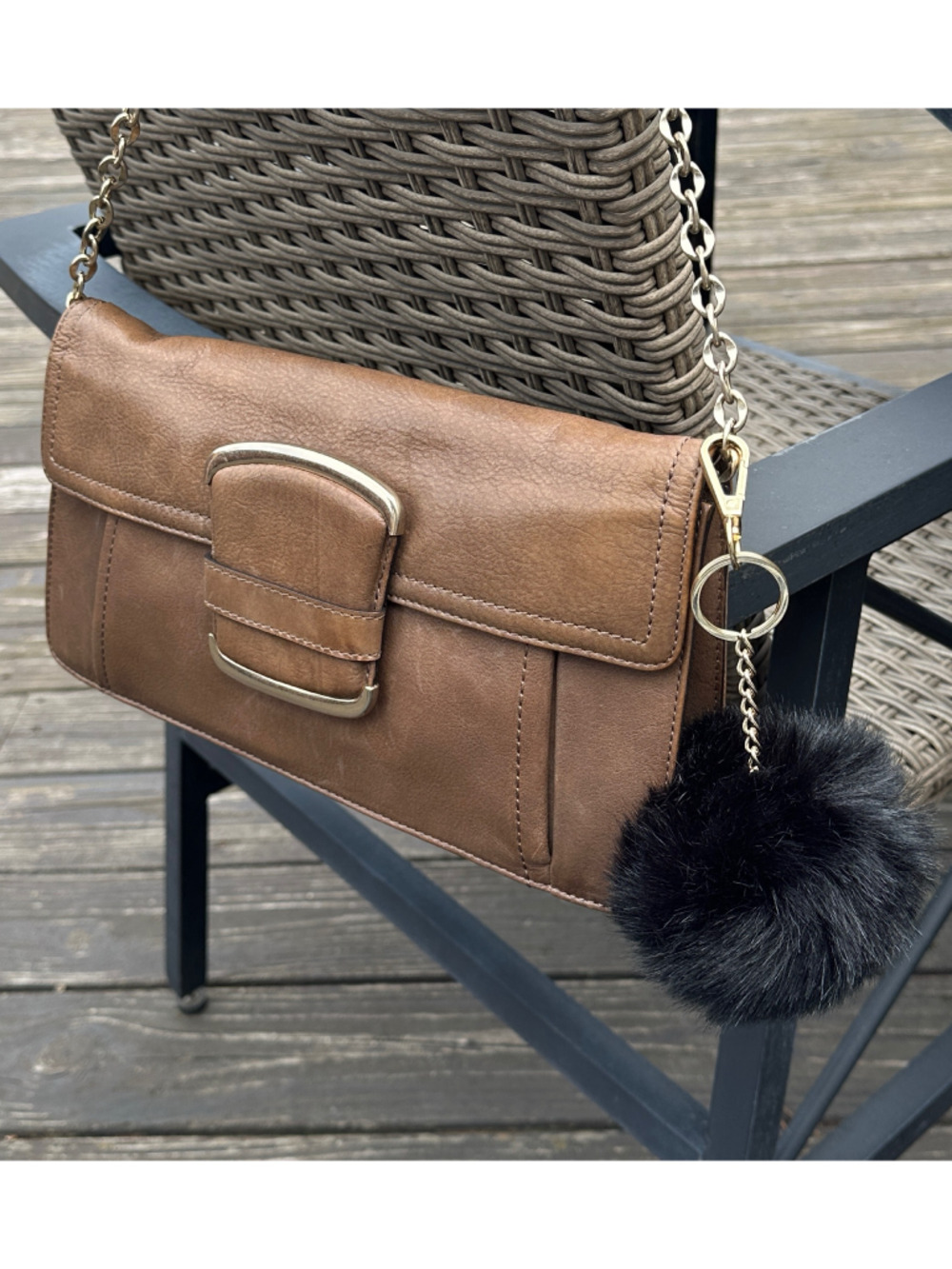 Black Faux Fur Pom Pom Handbag Charm Key Chain 8” Backpack Jewelry Accessory